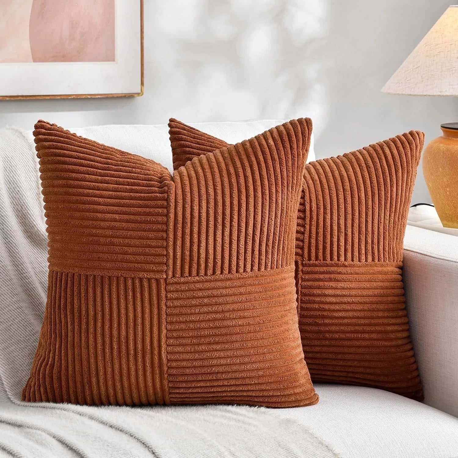 Rust Boho Corduroy Throw Pillow Cover – Farmhouse Patchwork Cushion Cover 18x18"