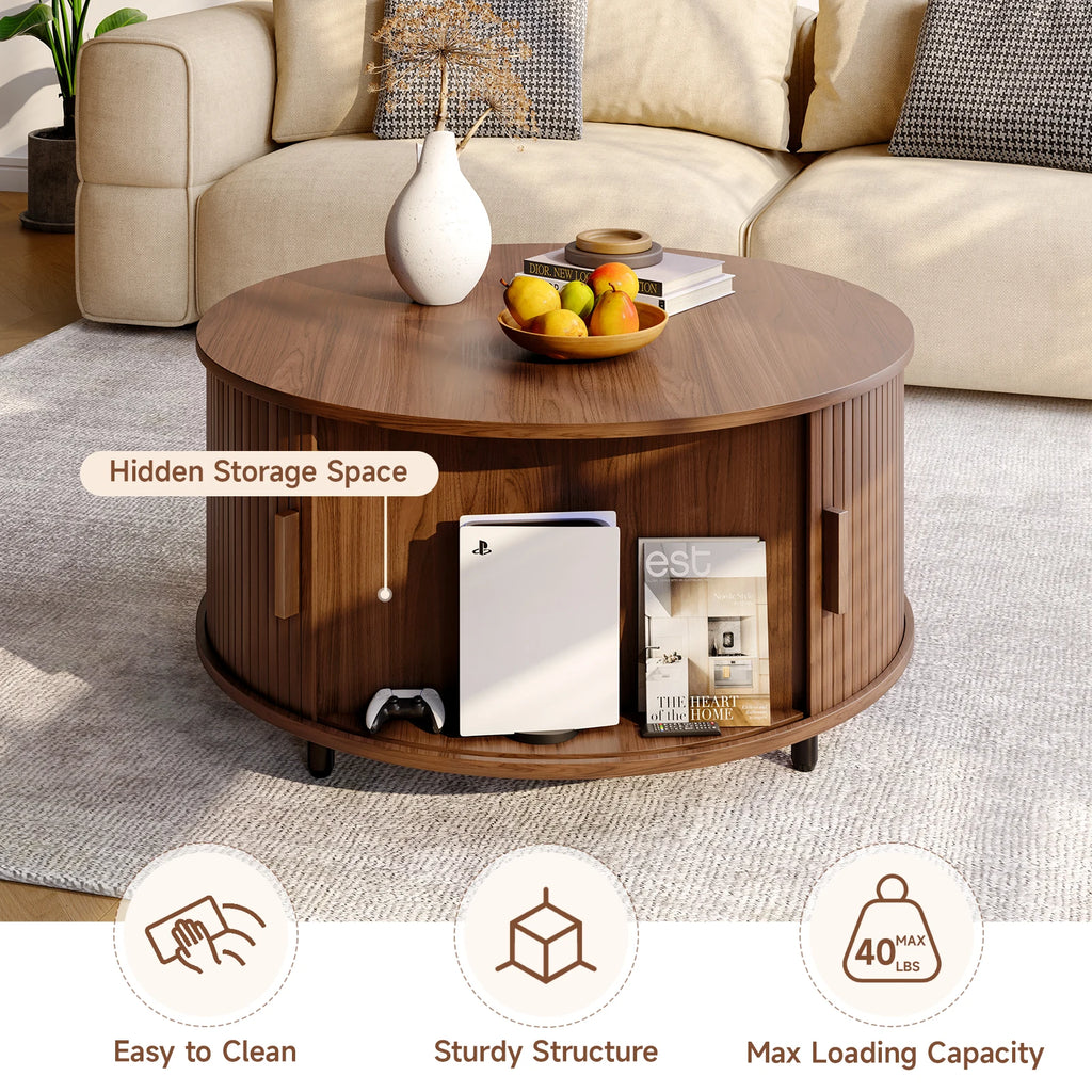 Round Coffee Table with Storage – 31.5" Fluted Wood, 360° Sliding Door