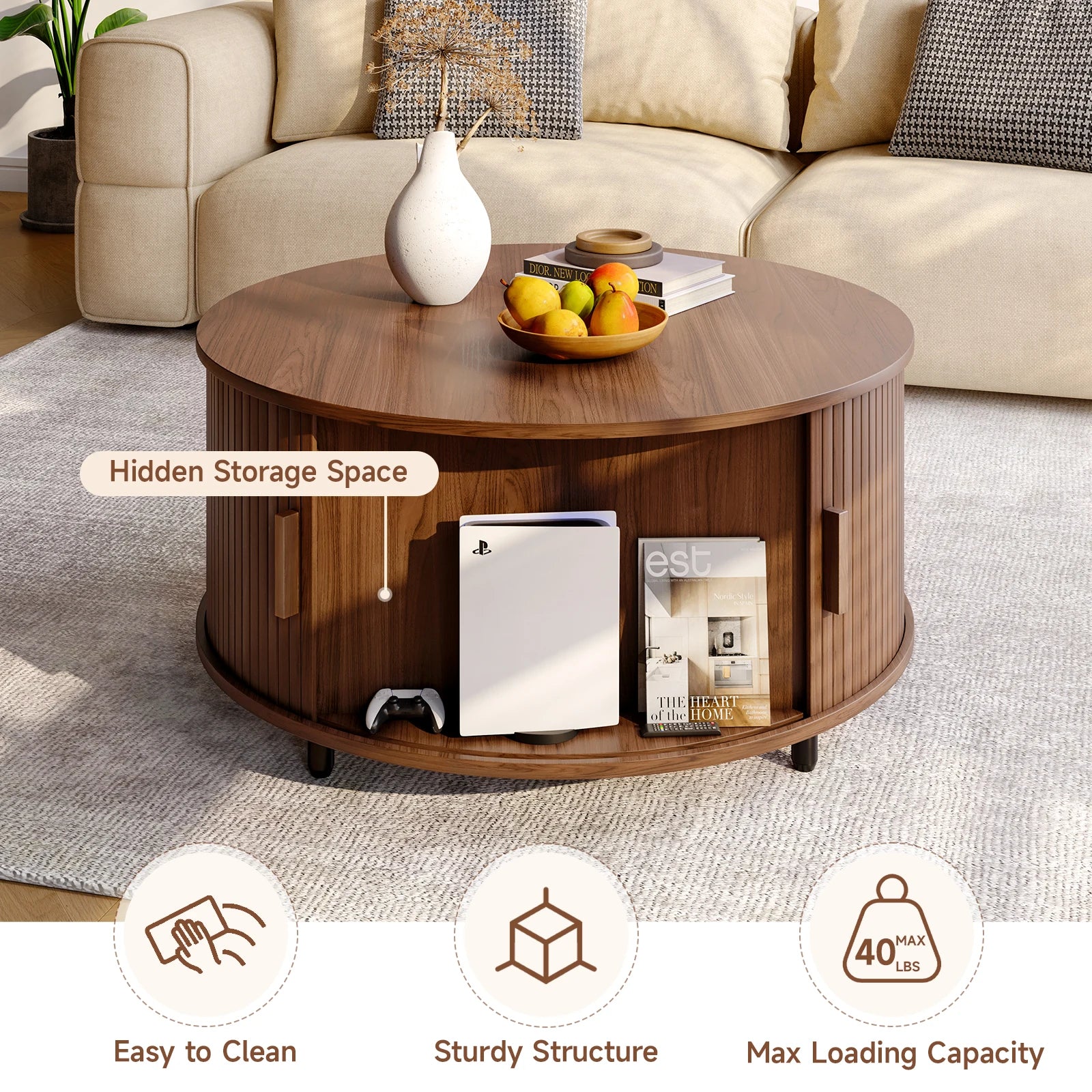 Round Coffee Table with Storage – 31.5" Fluted Wood, 360° Sliding Door