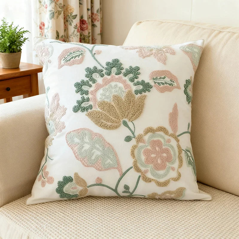 Embroidered Floral Pillow Cover – Nordic Style Cotton Mesh Cushion Cover