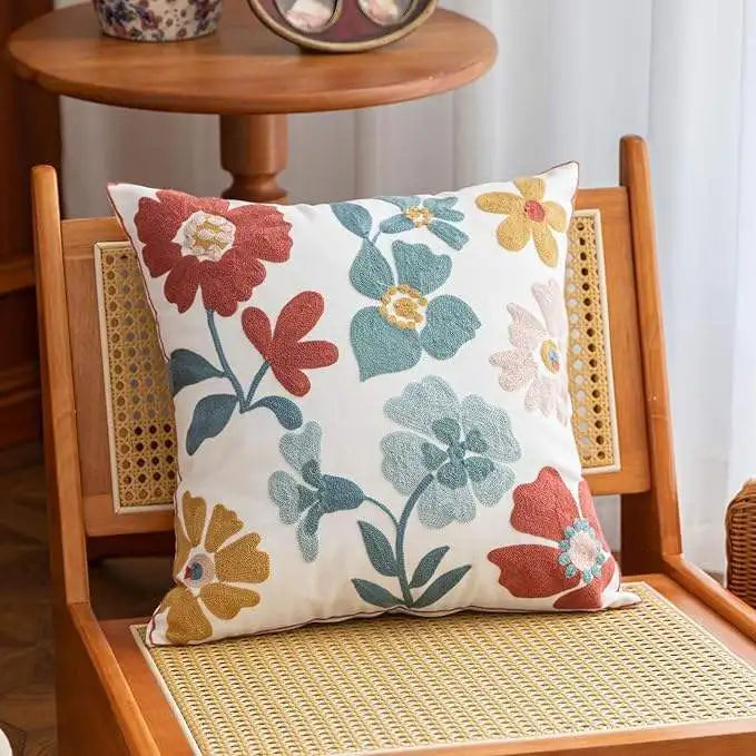 Embroidered Floral Pillow Cover – Nordic Style Cotton Mesh Cushion Cover