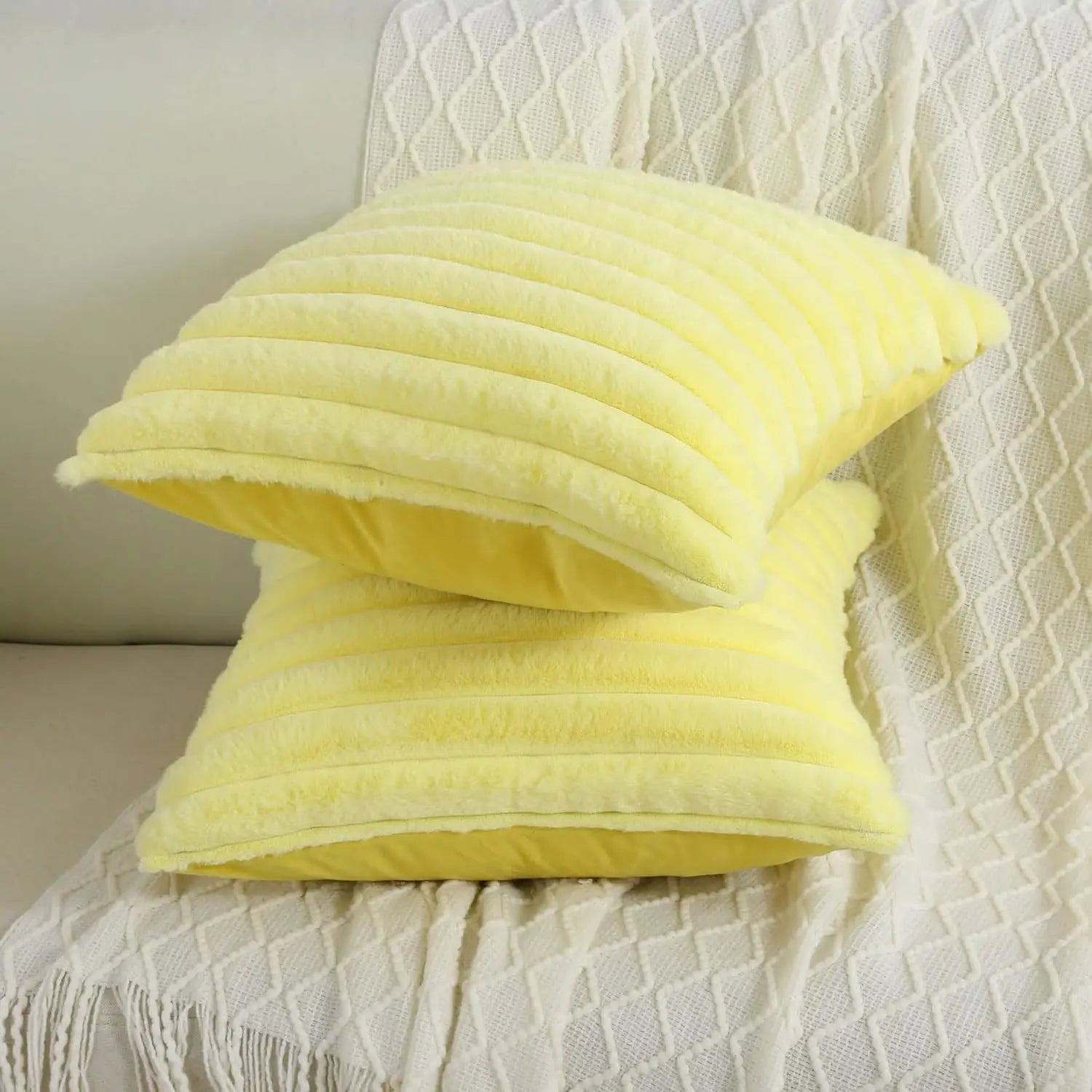 Faux Rabbit Fur Square Cushion Cover – Super Soft Striped Pillow Cover for Sofa