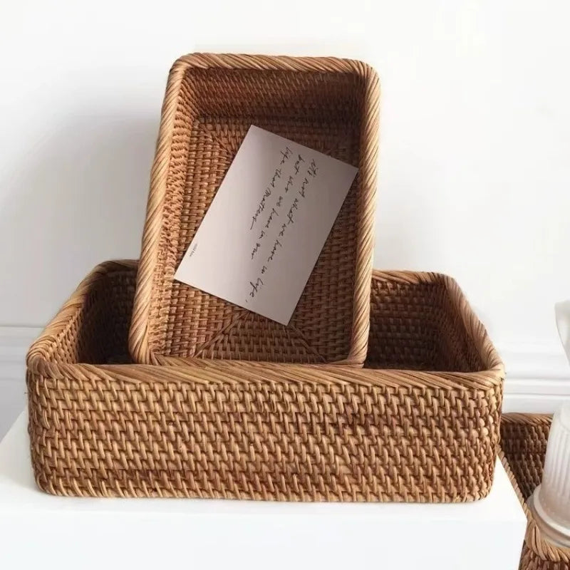 Handmade Rattan Nesting Baskets – Set of 3 Rectangular Wicker Storage Baskets