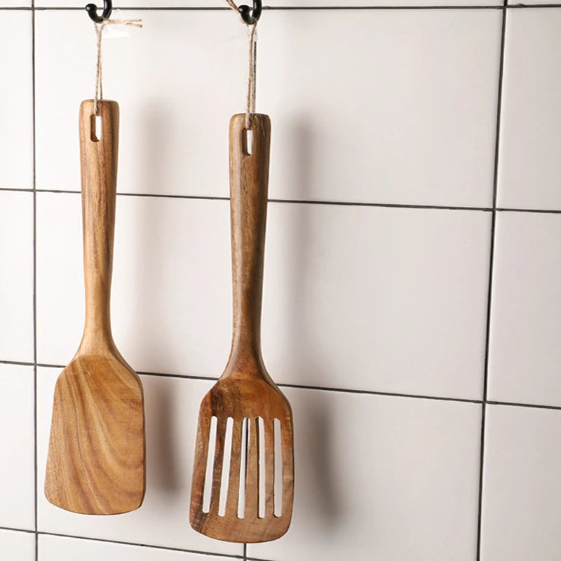 Teak Wood Spatula Set of 2 – Heat-Resistant Slotted Turner for Non-Stick Cookware