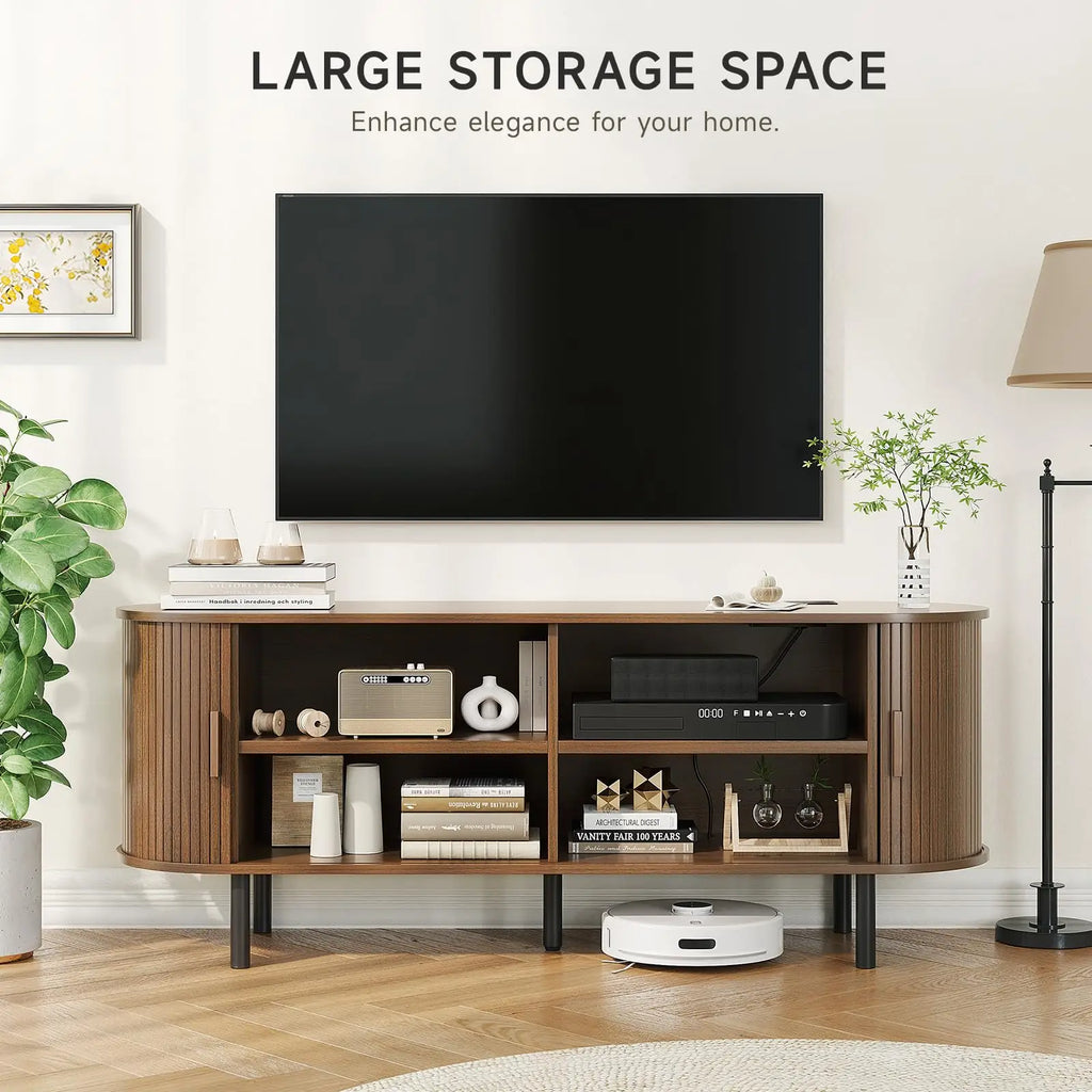 Modern TV Stand with Power Outlet – Sliding Doors, Storage & Adjustable Shelves for 60"/70" TVs