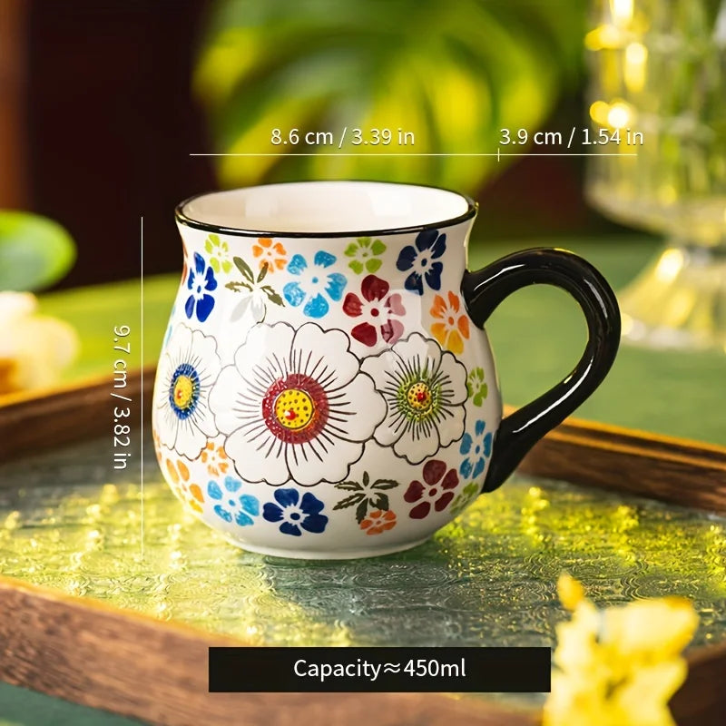 Hand-Painted Floral Ceramic Mug – Wide-Mouth Polish Pottery Style Coffee & Tea Mug