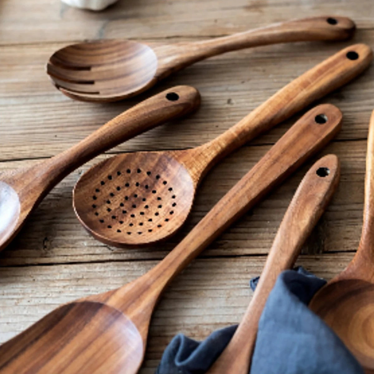 Wooden Kitchen Cooking Utensil Set – Spatula, Spoon, Fork & Storage Bucket