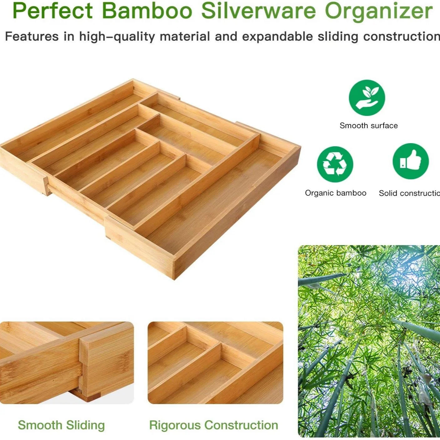 Adjustable Expandable Bamboo Drawer Organizer – Cutlery, Silverware & Knife Tray