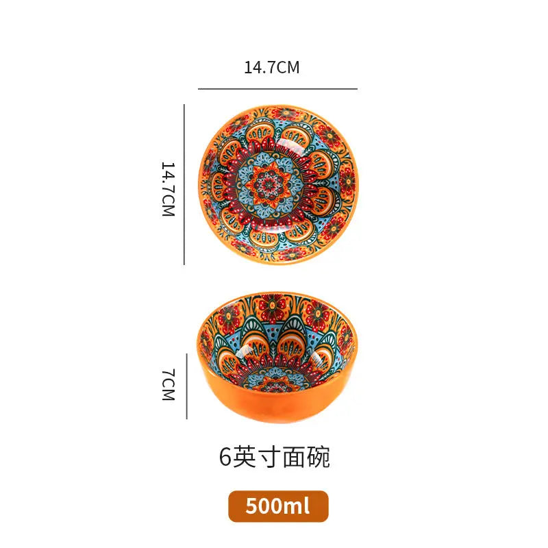 Bohemian Ceramic Rice Bowl with Handle – Soup, Noodle & Sauce Serving Bowl