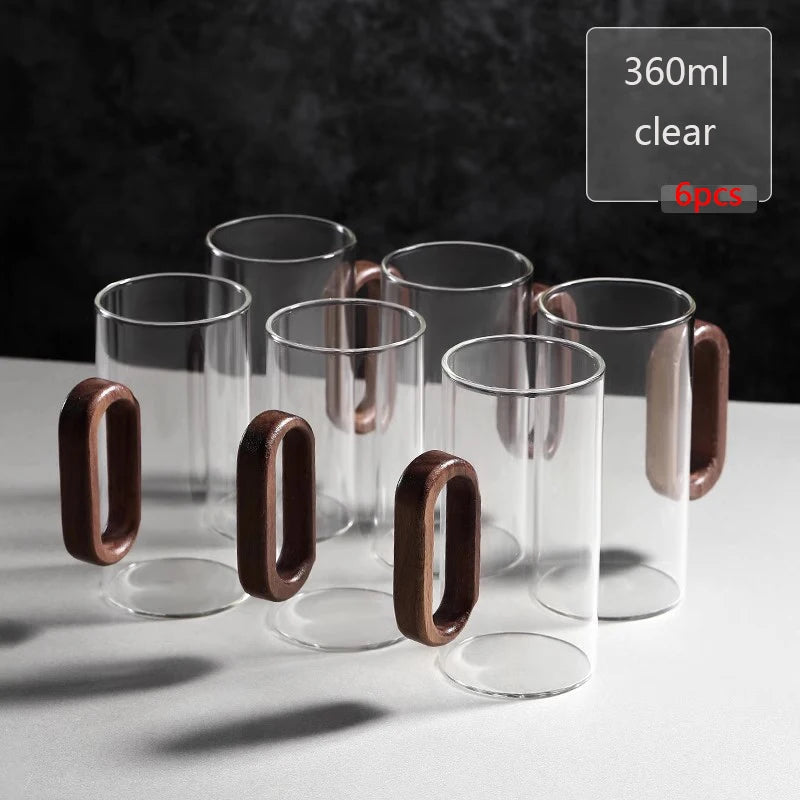 Glass Mug with Walnut Wooden Handle – 360ml Heat-Resistant Borosilicate Teacup