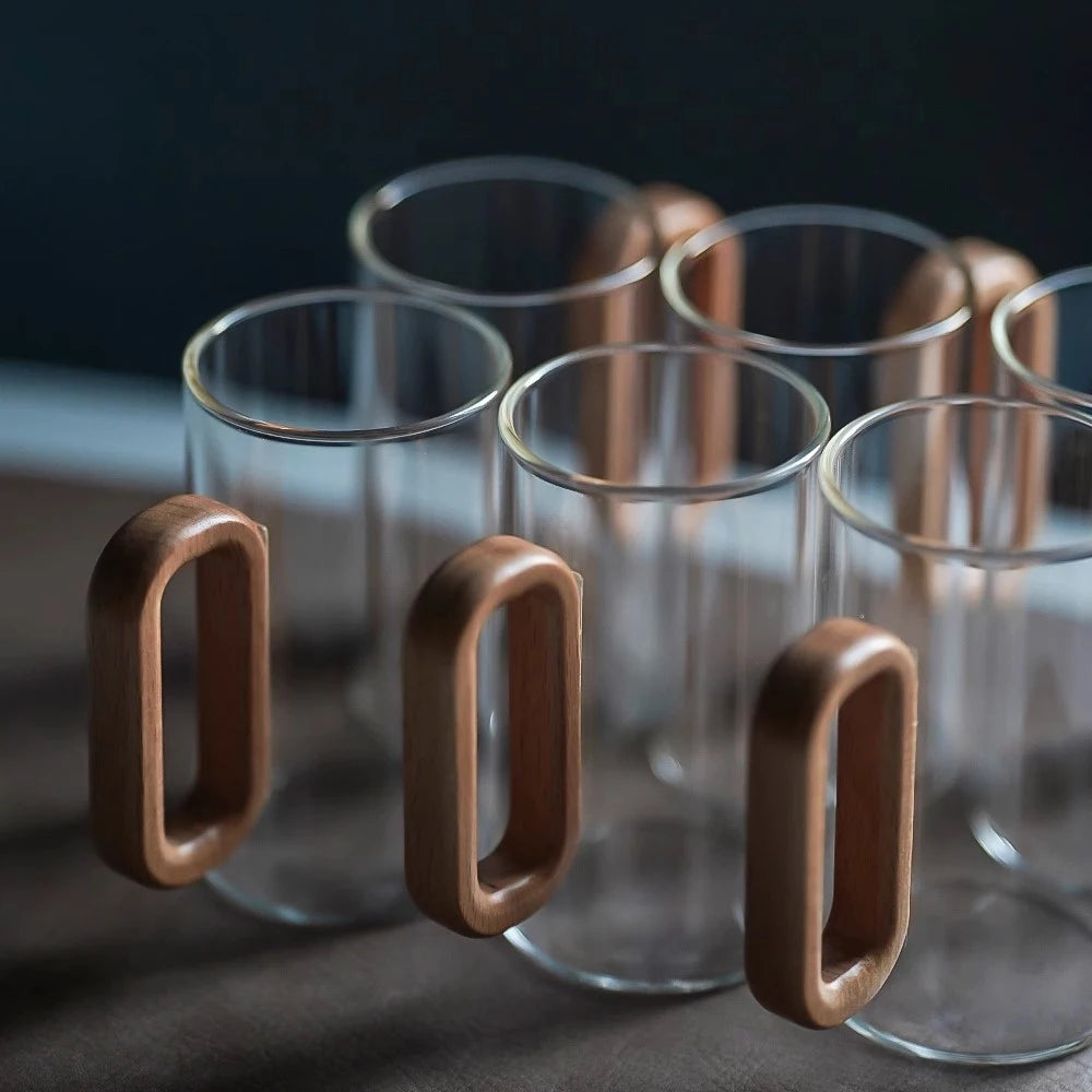 Glass Mug with Walnut Wooden Handle – 360ml Heat-Resistant Borosilicate Teacup