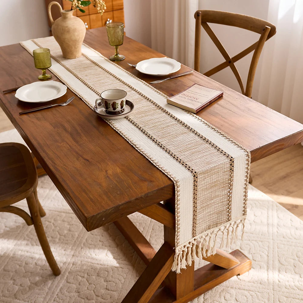 Nordic Boho Striped Table Runner – Hand-Woven with Tassels for Spring & Rustic Decor