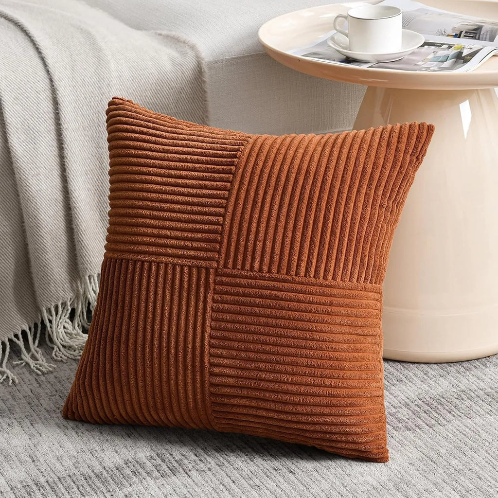 Rust Boho Corduroy Throw Pillow Cover – Farmhouse Patchwork Cushion Cover 18x18"