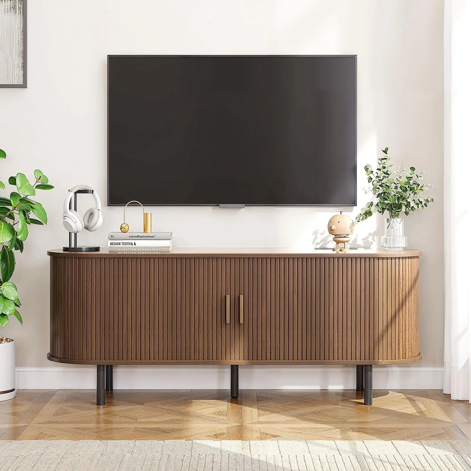Modern TV Stand with Power Outlet – Sliding Doors, Storage & Adjustable Shelves for 60"/70" TVs