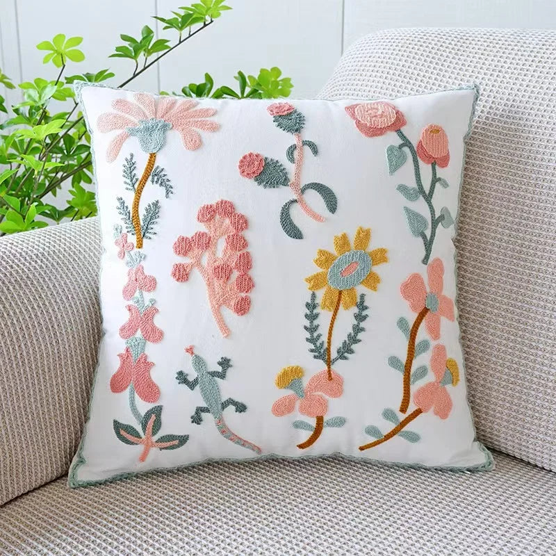 Embroidered Floral Pillow Cover – Nordic Style Cotton Mesh Cushion Cover