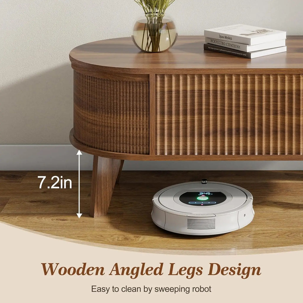 Fluted Lift Top Coffee Table with Storage – Modern Oval, Walnut