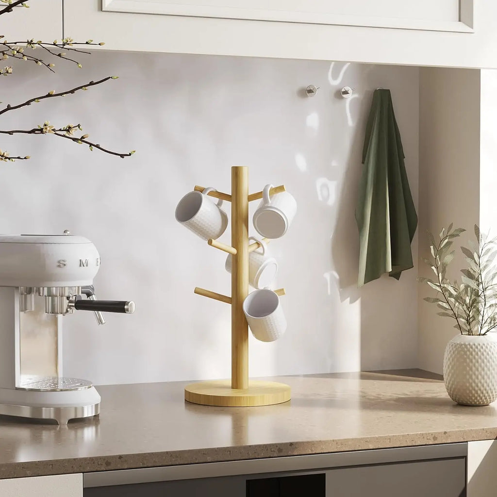 Bamboo Mug Tree with 6 Hooks – Coffee Cup Holder & Counter Organizer