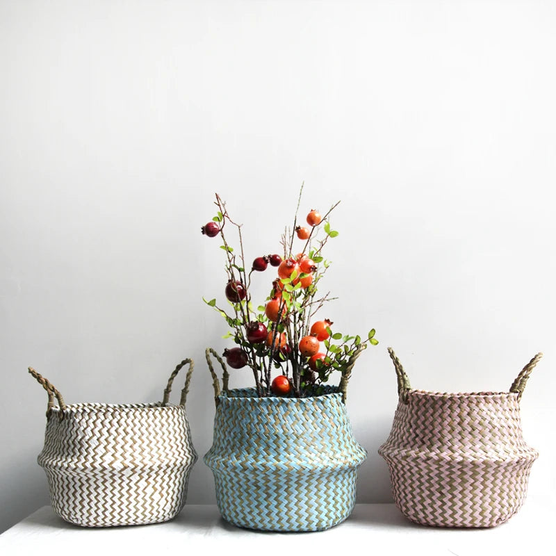 Boho Striped Wicker Storage Basket – Collapsible Laundry & Flower Pot Basket