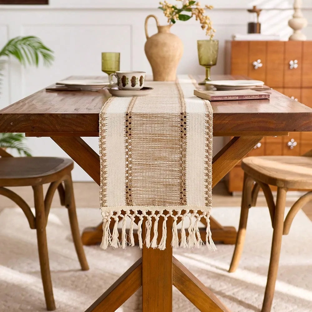 Nordic Boho Striped Table Runner – Hand-Woven with Tassels for Spring & Rustic Decor