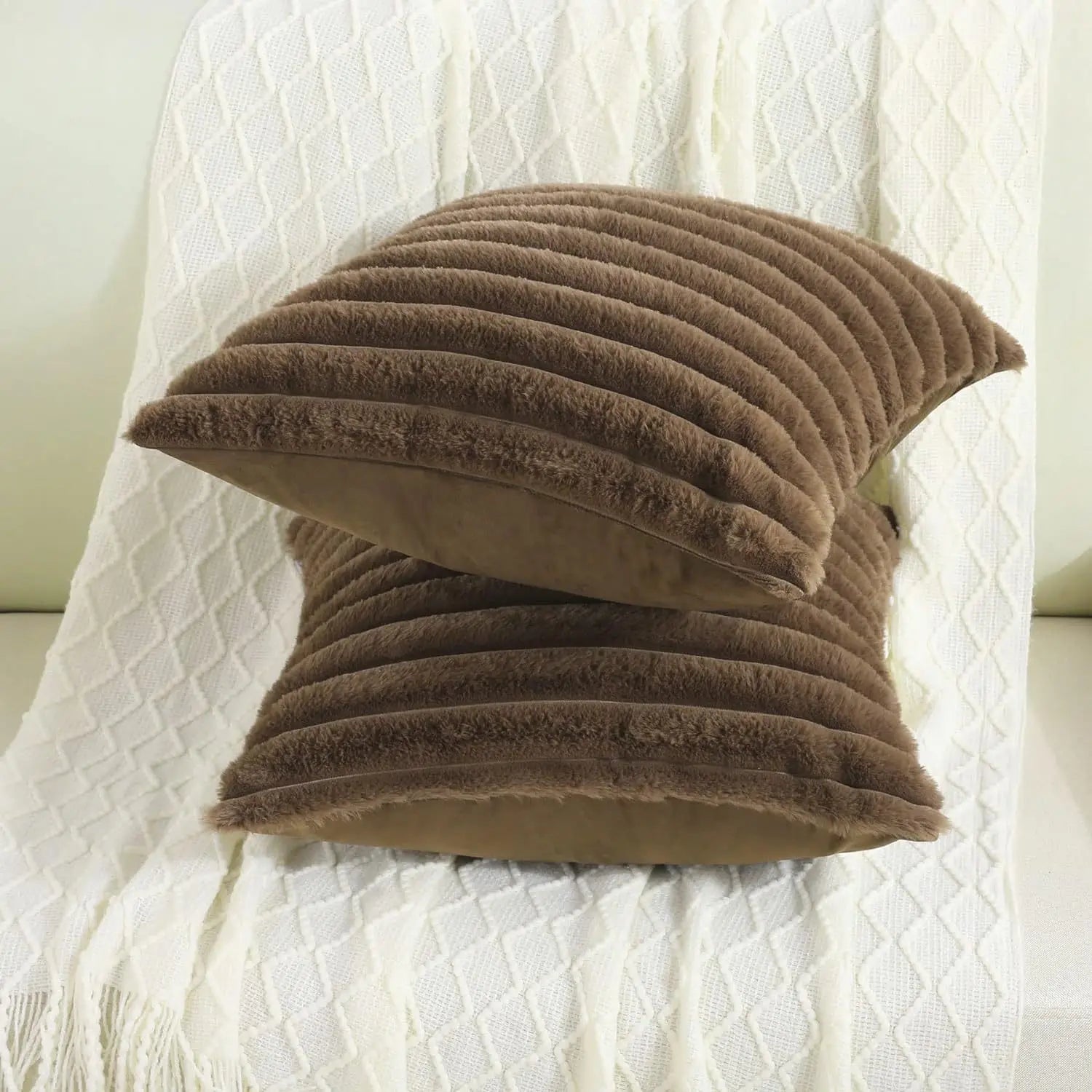 Faux Rabbit Fur Square Cushion Cover – Super Soft Striped Pillow Cover for Sofa