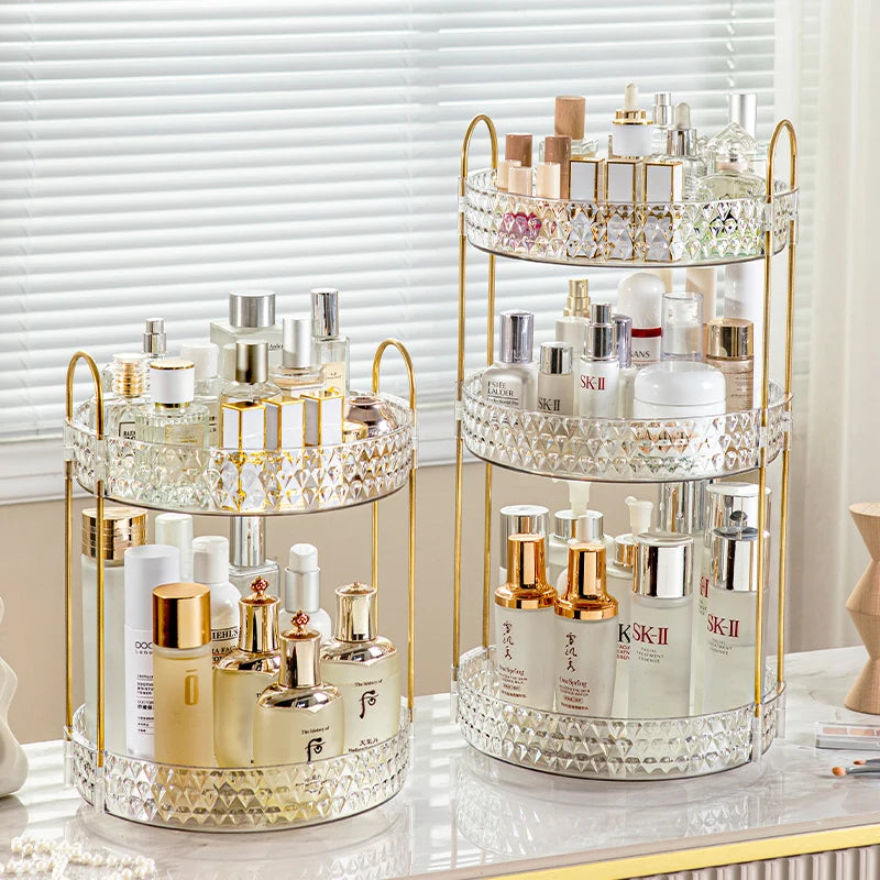 360° Rotating Makeup Organizer – 3-Tier Clear Diamond Vanity Organizer