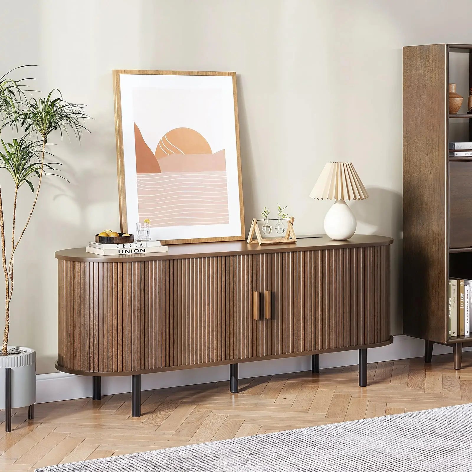 Modern TV Stand with Power Outlet – Sliding Doors, Storage & Adjustable Shelves for 60"/70" TVs