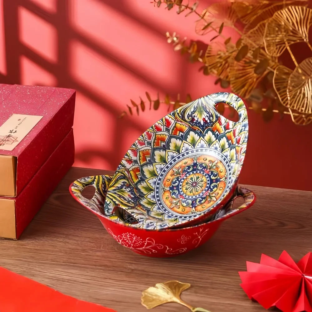 Bohemian Oval Ceramic Salad Bowl with Handle – Microwave Safe, Set of 2