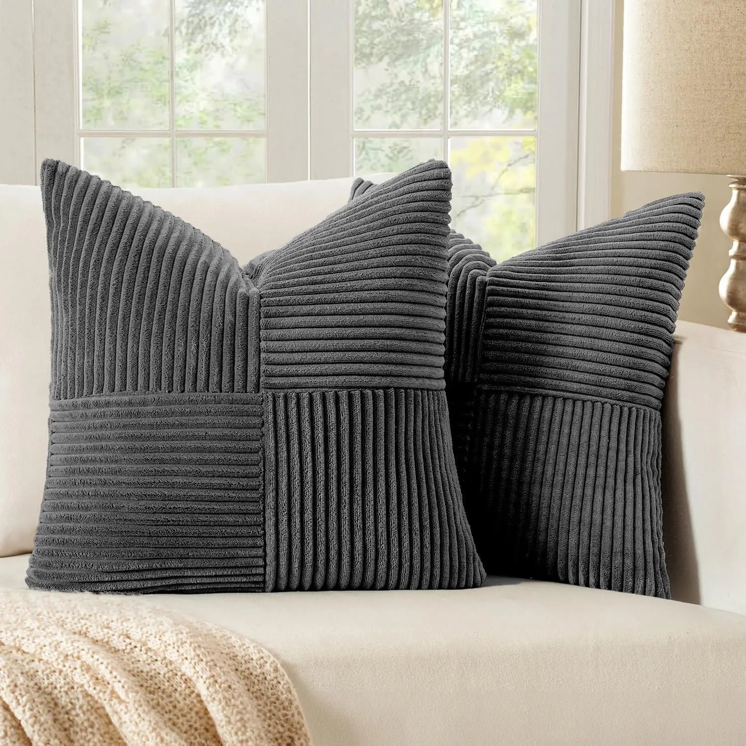 Rust Boho Corduroy Throw Pillow Cover – Farmhouse Patchwork Cushion Cover 18x18"